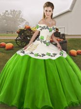 Fashionable Sleeveless Organza Floor Length Lace Up Quince Ball Gowns in Green with Embroidery