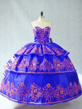 Custom Designed Blue Sweetheart Neckline Embroidery and Ruffles Quince Ball Gowns Sleeveless Lace Up