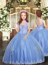 Best Baby Blue Sleeveless Floor Length Appliques Lace Up Little Girl Pageant Dress