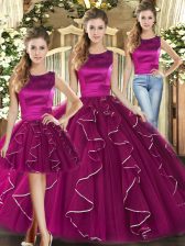  Fuchsia Tulle Lace Up Sweet 16 Quinceanera Dress Sleeveless Floor Length Ruffles
