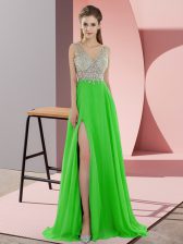 Trendy Green Chiffon Zipper V-neck Sleeveless Homecoming Dress Sweep Train Beading