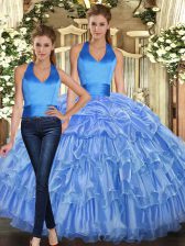  Baby Blue Ball Gowns Halter Top Sleeveless Organza Floor Length Lace Up Ruffles and Pick Ups Quince Ball Gowns