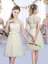 Free and Easy Champagne Tulle Lace Up Court Dresses for Sweet 16 Cap Sleeves Mini Length Lace and Bowknot