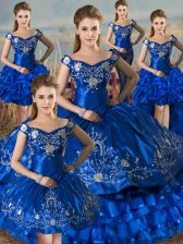 Noble Royal Blue 15 Quinceanera Dress Sweet 16 and Quinceanera with Embroidery and Ruffled Layers Off The Shoulder Sleeveless Lace Up