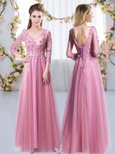  V-neck 3 4 Length Sleeve Quinceanera Court Dresses Floor Length Lace and Appliques Pink Tulle