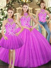 Sweet Lilac Three Pieces Tulle Halter Top Sleeveless Embroidery Floor Length Lace Up Sweet 16 Dress