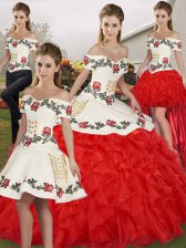Discount Ball Gowns Quinceanera Gown White And Red Off The Shoulder Organza Sleeveless Floor Length Lace Up
