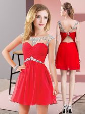 Great Scoop Sleeveless Homecoming Dress Mini Length Beading Red Chiffon