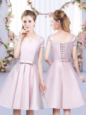 Sweet Baby Pink A-line Satin Off The Shoulder Sleeveless Bowknot Mini Length Lace Up Quinceanera Court Dresses