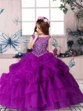 Purple Ball Gowns Scoop Sleeveless Organza Floor Length Zipper Beading and Pick Ups Girls Pageant Dresses