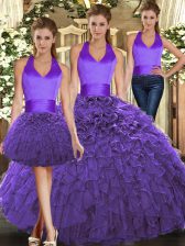 Spectacular Purple Sleeveless Floor Length Ruffles Lace Up 15th Birthday Dress