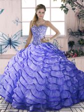 Colorful Lavender Lace Up Sweetheart Beading and Ruffled Layers 15th Birthday Dress Organza Sleeveless Brush Train