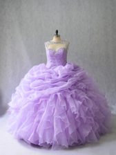 Traditional Scoop Sleeveless Brush Train Lace Up Sweet 16 Quinceanera Dress Lavender Organza