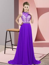 Sumptuous Purple Halter Top Backless Beading Dress for Prom Brush Train Sleeveless