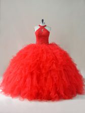 Amazing Red Sleeveless Tulle Lace Up Quinceanera Dresses for Sweet 16 and Quinceanera