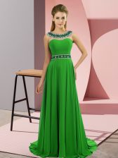  Scoop Sleeveless Chiffon Prom Dress Beading Brush Train Zipper