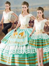  Apple Green Sleeveless Floor Length Embroidery and Ruffled Layers Lace Up Quinceanera Gowns