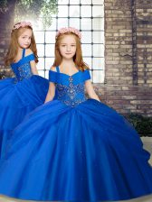 Trendy Royal Blue Ball Gowns Straps Sleeveless Chiffon Floor Length Lace Up Beading Kids Pageant Dress
