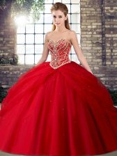 Luxurious Red Tulle Lace Up 15 Quinceanera Dress Sleeveless Brush Train Beading and Pick Ups
