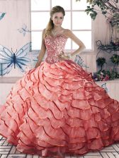 Fashionable Sleeveless Beading and Ruffled Layers Lace Up Quinceanera Dresses with Watermelon Red Brush Train