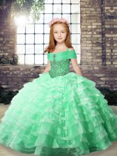  Apple Green Lace Up Little Girls Pageant Dress Wholesale Beading and Ruffled Layers Sleeveless Floor Length