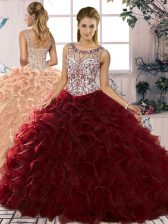 Modest Burgundy Organza Lace Up Ball Gown Prom Dress Sleeveless Floor Length Beading and Ruffles