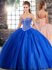 Glorious Beading 15th Birthday Dress Blue Lace Up Sleeveless Brush Train