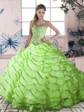  Yellow Green 15th Birthday Dress Organza Brush Train Sleeveless Ruffled Layers