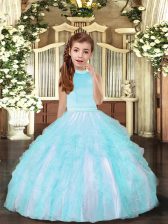 Affordable Aqua Blue Backless Halter Top Beading and Ruffles Winning Pageant Gowns Tulle Sleeveless