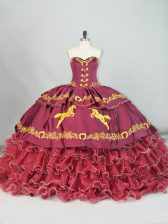 On Sale Sleeveless Satin and Organza Brush Train Lace Up Sweet 16 Quinceanera Dress in Burgundy with Embroidery and Ruffled Layers