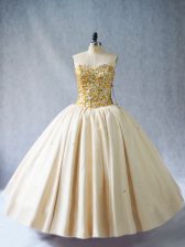 Edgy Floor Length Champagne Quince Ball Gowns Tulle Sleeveless Beading