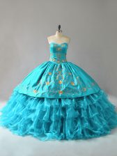 Great Floor Length Lace Up Sweet 16 Dresses Aqua Blue for Sweet 16 and Quinceanera with Embroidery and Ruffles