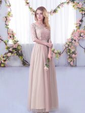 New Style Pink Tulle Side Zipper V-neck Half Sleeves Floor Length Dama Dress Lace and Belt