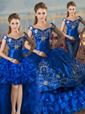  Sleeveless Floor Length Embroidery and Ruffled Layers Lace Up Ball Gown Prom Dress with Royal Blue