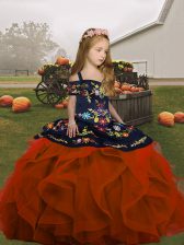 Custom Made Rust Red Ball Gowns Embroidery and Ruffles Pageant Dress for Teens Lace Up Tulle Sleeveless Floor Length