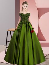  Satin Off The Shoulder Sleeveless Zipper Lace Quince Ball Gowns in Olive Green