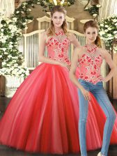 Great Coral Red Sleeveless Floor Length Embroidery Lace Up Quince Ball Gowns
