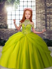  Olive Green Sleeveless Beading Floor Length Girls Pageant Dresses