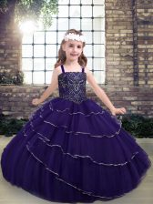  Ball Gowns Kids Formal Wear Purple Straps Tulle Sleeveless Floor Length Lace Up