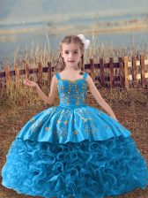 Beauteous Baby Blue Fabric With Rolling Flowers Lace Up Little Girl Pageant Dress Sleeveless Sweep Train Embroidery