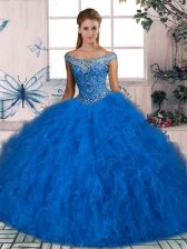  Sleeveless Beading and Ruffles Lace Up Quinceanera Gown with Blue