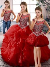  Red Organza Lace Up Quinceanera Gown Sleeveless Floor Length Beading and Ruffles