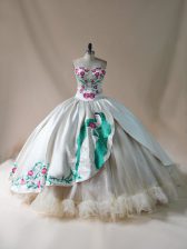 Fashionable Sleeveless Satin and Tulle Floor Length Lace Up Sweet 16 Quinceanera Dress in Champagne with Embroidery