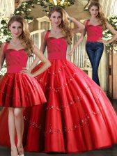 Elegant Floor Length Three Pieces Sleeveless Red Quinceanera Dress Lace Up