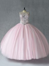 Lovely Baby Pink Ball Gown Prom Dress Sweet 16 and Quinceanera with Beading Scoop Sleeveless Lace Up