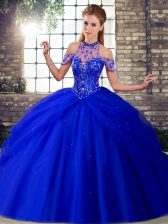 Beauteous Royal Blue Lace Up Quinceanera Gown Beading and Pick Ups Sleeveless Brush Train
