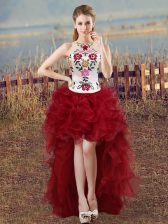  Wine Red Sleeveless High Low Embroidery Lace Up Evening Dress