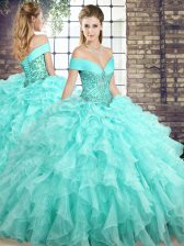 Dazzling Sleeveless Beading and Ruffles Lace Up Quinceanera Dress with Aqua Blue Brush Train