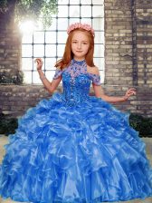 Enchanting Blue Little Girl Pageant Gowns Party and Military Ball and Wedding Party with Beading and Ruffles High-neck Sleeveless Lace Up