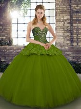 High Class Beading and Appliques 15th Birthday Dress Olive Green Lace Up Sleeveless Floor Length